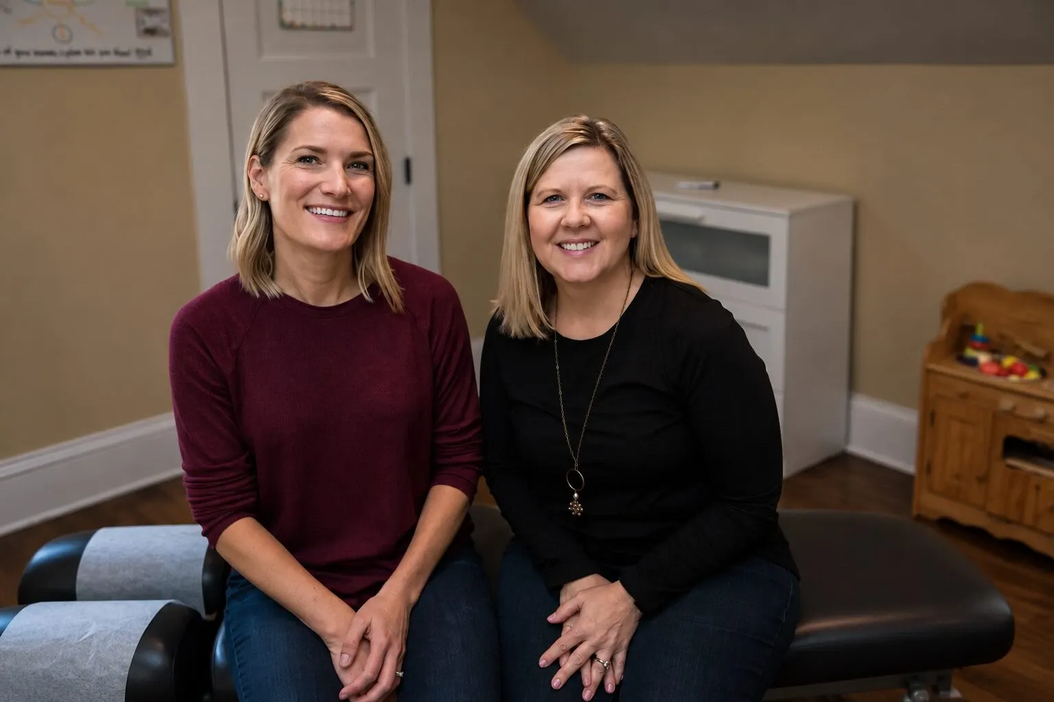 Dr. Katie and Dr. Amber sitting together on an adjusting table in their office